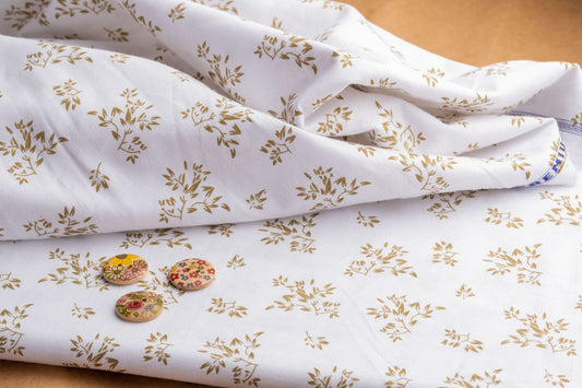 Floral Print Hemp Fabric | White & Brown | Organic | 145gsm | 147cm Wide-1