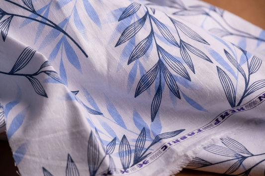 Willow Leaf Print Hemp Fabric | Sky & Navy Blue | Organic | 145gsm | 147cm Wide-1