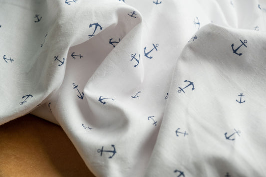 Organic Hemp Fabric - Anchor Print | White & Blue | 145gsm | Soft & Breathable-1
