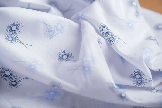 Dandelion Print Hemp Fabric | White & Blue | Organic | 145gsm | 147cm Wide-1