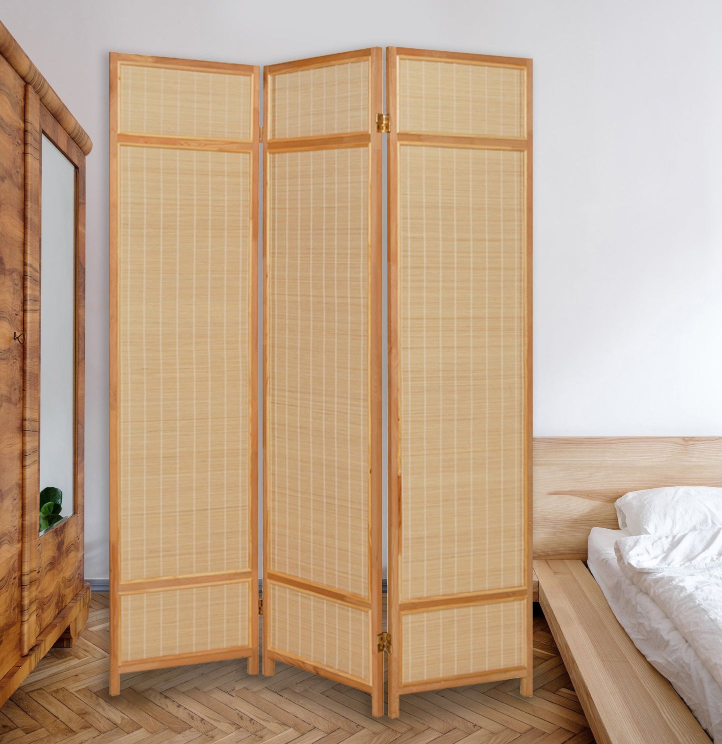 Natural Brown Bamboo Three Panel Room Divider Screen-2
