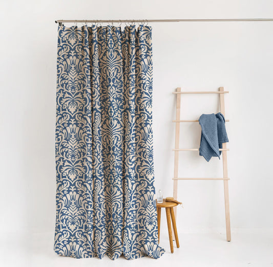 Hemp Eco-Printed Paisley Shower Curtain | Natural & Indigo | Waterproof & Sustainable | Eco Friendly Bath-1