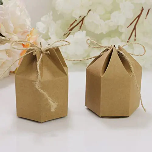 50Pcs Kraft Paper Hexagonal Candy Treat Box with Hemp Rope Gift Packaging Box for Wedding Birthday Party Baby Shower DIY Assembly (Brown Paper)