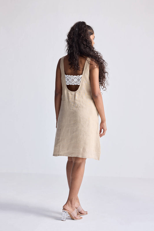 Hemp Short Dress with Back Embroidered Lace Detail-1