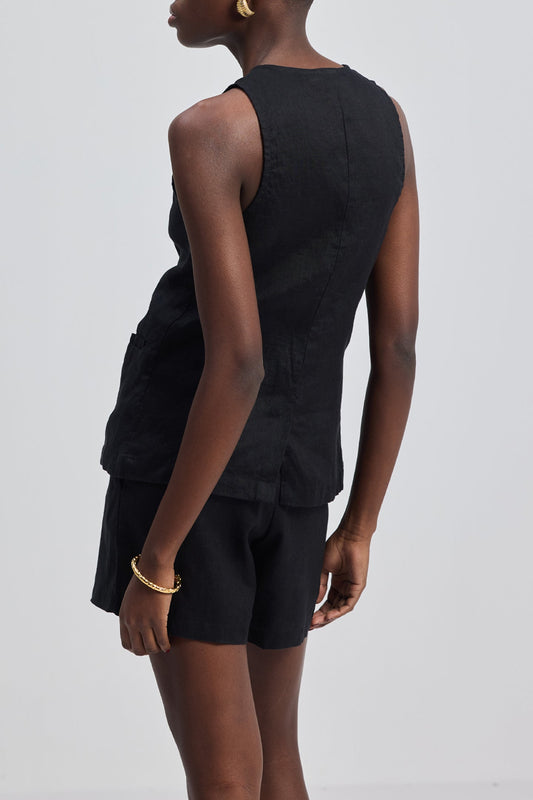 Hemp Vest Jacket Set in Black-1