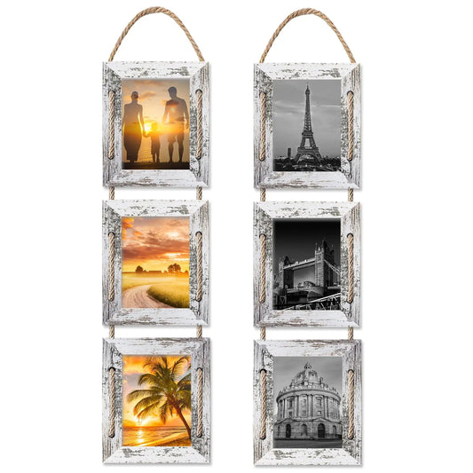 PWTAKO 4x6 Hanging Collage Picture Frames Wall Decor 3-Opening 4x6 Rustic Wood Frame with Hemp Rope 2 PackWhite