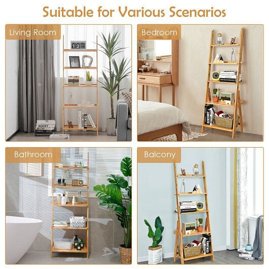 5-Tier Bamboo Ladder Shelf for Home Use-Brown-1