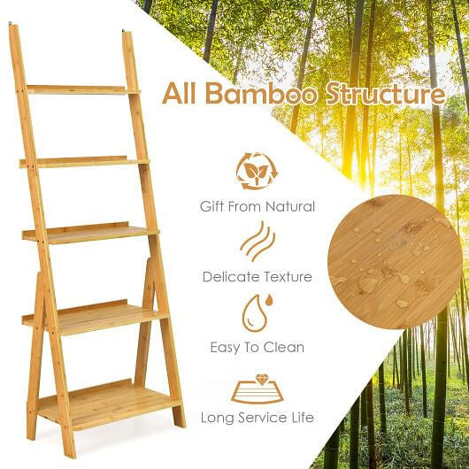 5-Tier Bamboo Ladder Shelf for Home Use-Brown-3