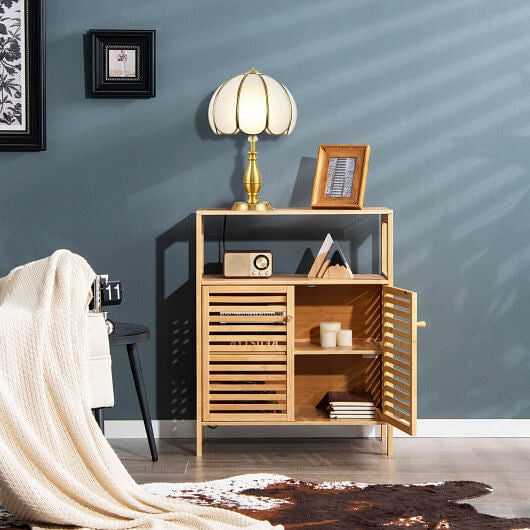 Bamboo Bathroom Floor Storage Cabinet with Shutter Doors-Natural-1