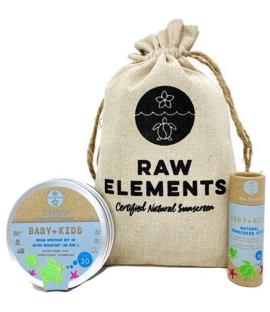 Raw Elements Baby + Kids SPF 30 Organic Sunscreen Zero-Waste Bundle with Lotion Tin 3oz Lotion Stick 1oz and Hemp Drawstring Bag