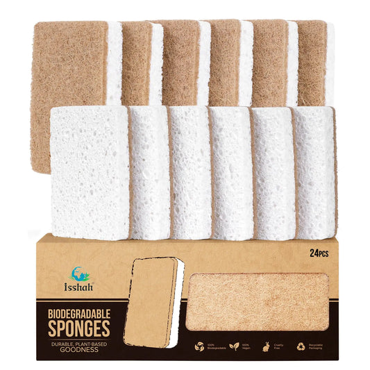 Isshah Plant-Based Kitchen Sponges - Natural Eco-Friendly Biodegradable Sisal Hemp Sponges for Dishes Cleaning Sponge for Kitchen Bathroom Household - 24 Count