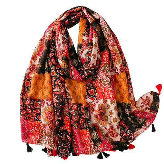 GUZOSJO Womens Boho Cotton Hemp Lightweight Floral Printed Scarf Long Shawl Wrap Scarf Head Shawl for Fall Spring