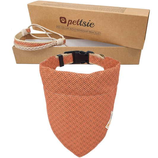 Pettsie Matching Dog Collar Removable Bandana and Owner Friendship Bracelet Durable Hemp 3 Adjustable Sizes Comfortable and Soft Carton Box Strong D-Ring for Easy Leash Attachment L Orange