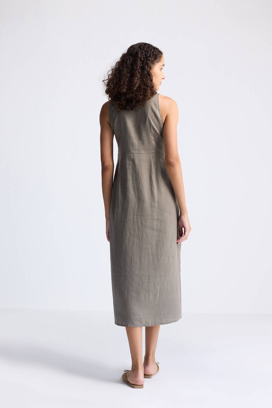Straight Dress with Front Slit in Dark Green Hemp-1