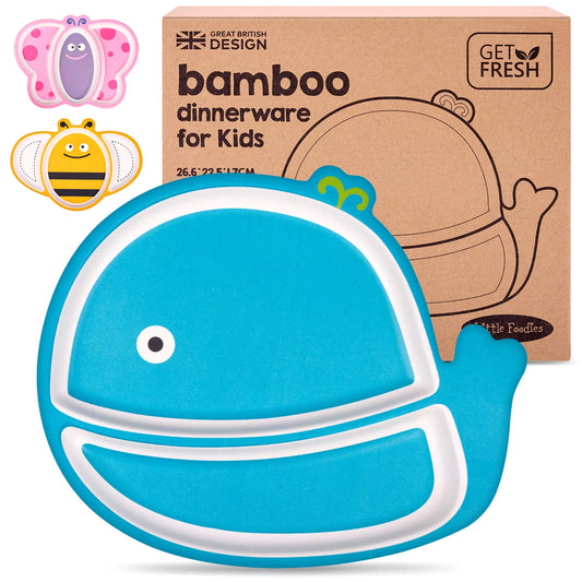 GET FRESH Bamboo Kids Divided Plates – 1pc Cute Whale Bamboo Toddler Divided Plate with 2 Compartments – Reusable Animal Sectioned Bamboo Fibre Children Plates – Dishwasher Safe Bamboo Kids Dinnerware