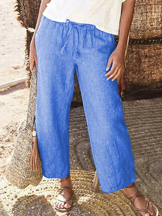 Solid Color Loose Wide Leg Cotton Hemp Trousers (One Piece)