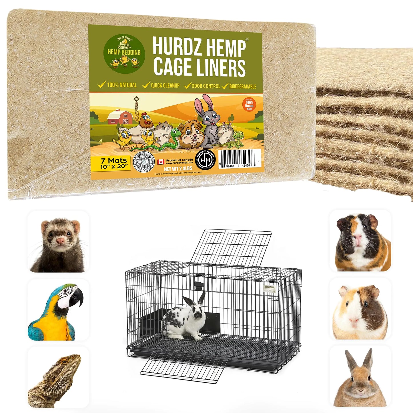HURDZ HEMP Cage Liners - Made from 100% Natural Hemp & Ultra-Absorbent Cage Liners for Small Animals - Superior Odor Control Easy Clean & Durable Guinea Pig Mats Pack of 7 Liners 10βx20β