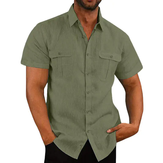 Men's Loose Fit Polo Collar Cotton Hemp Shirt