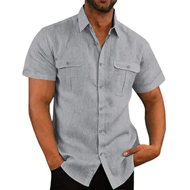 Men's Loose Fit Polo Collar Cotton Hemp Shirt