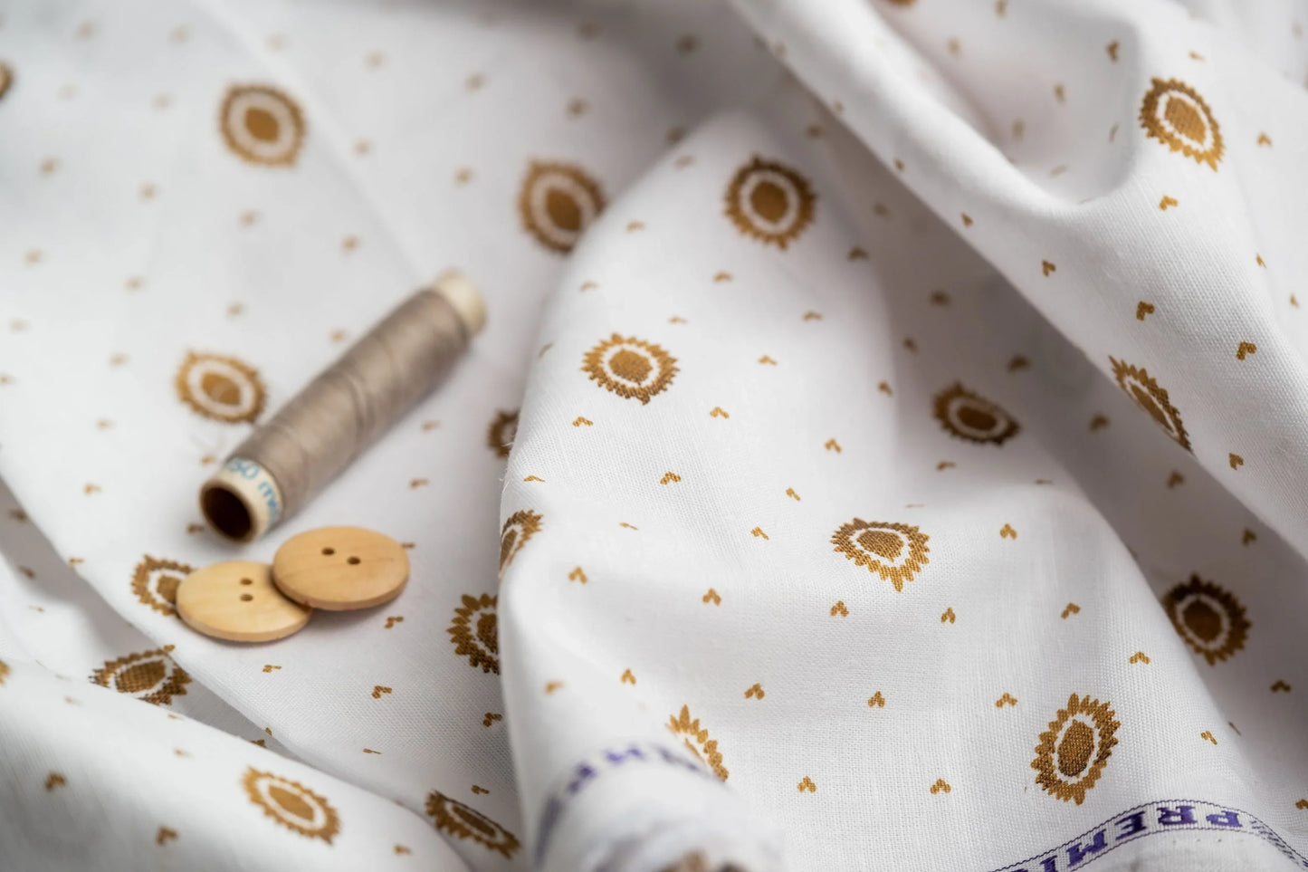 Lantern Print Hemp Fabric | White & Gold | Organic | 145gsm | 147cm Wide-2
