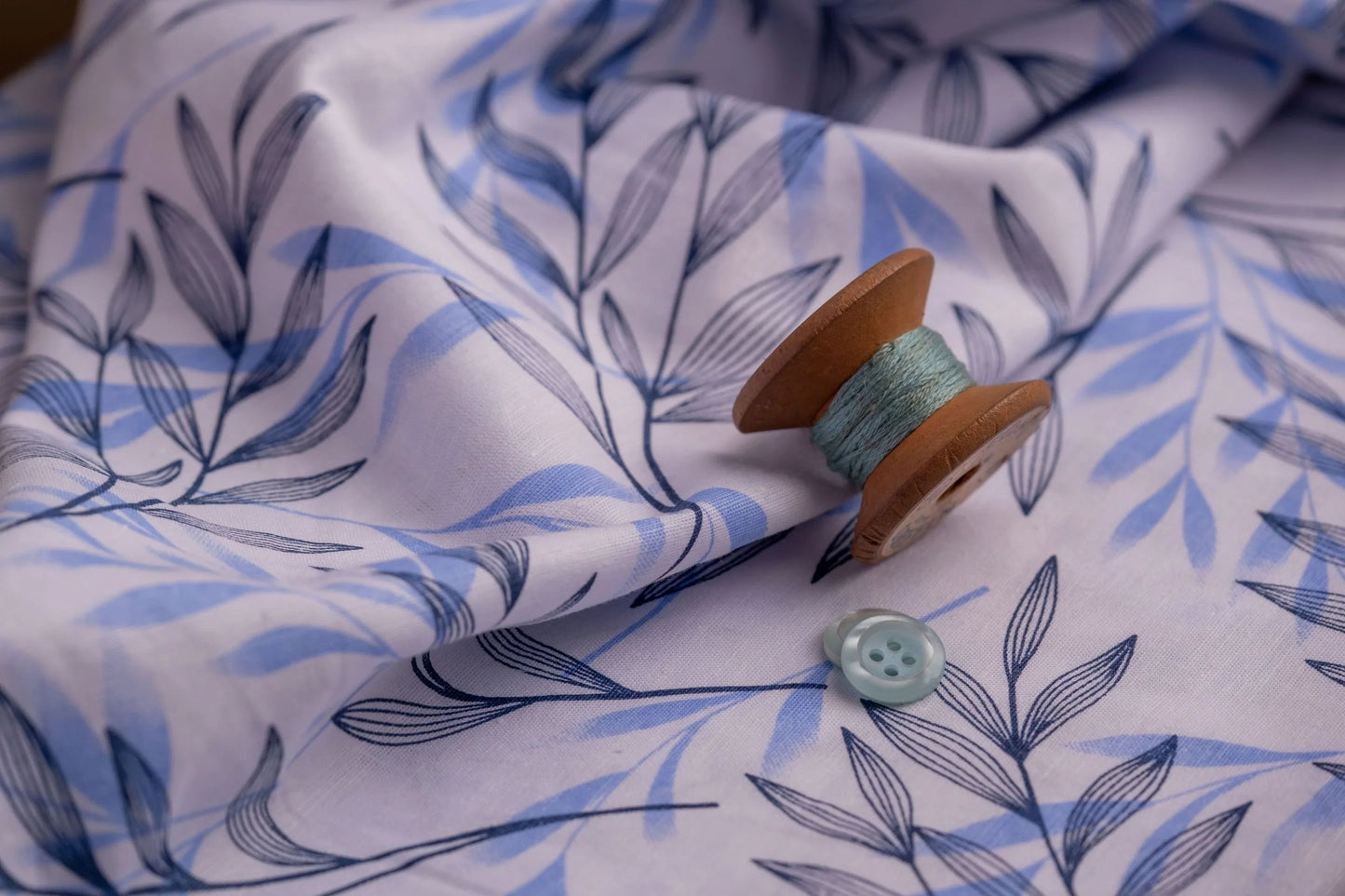 Willow Leaf Print Hemp Fabric | Sky & Navy Blue | Organic | 145gsm | 147cm Wide-2