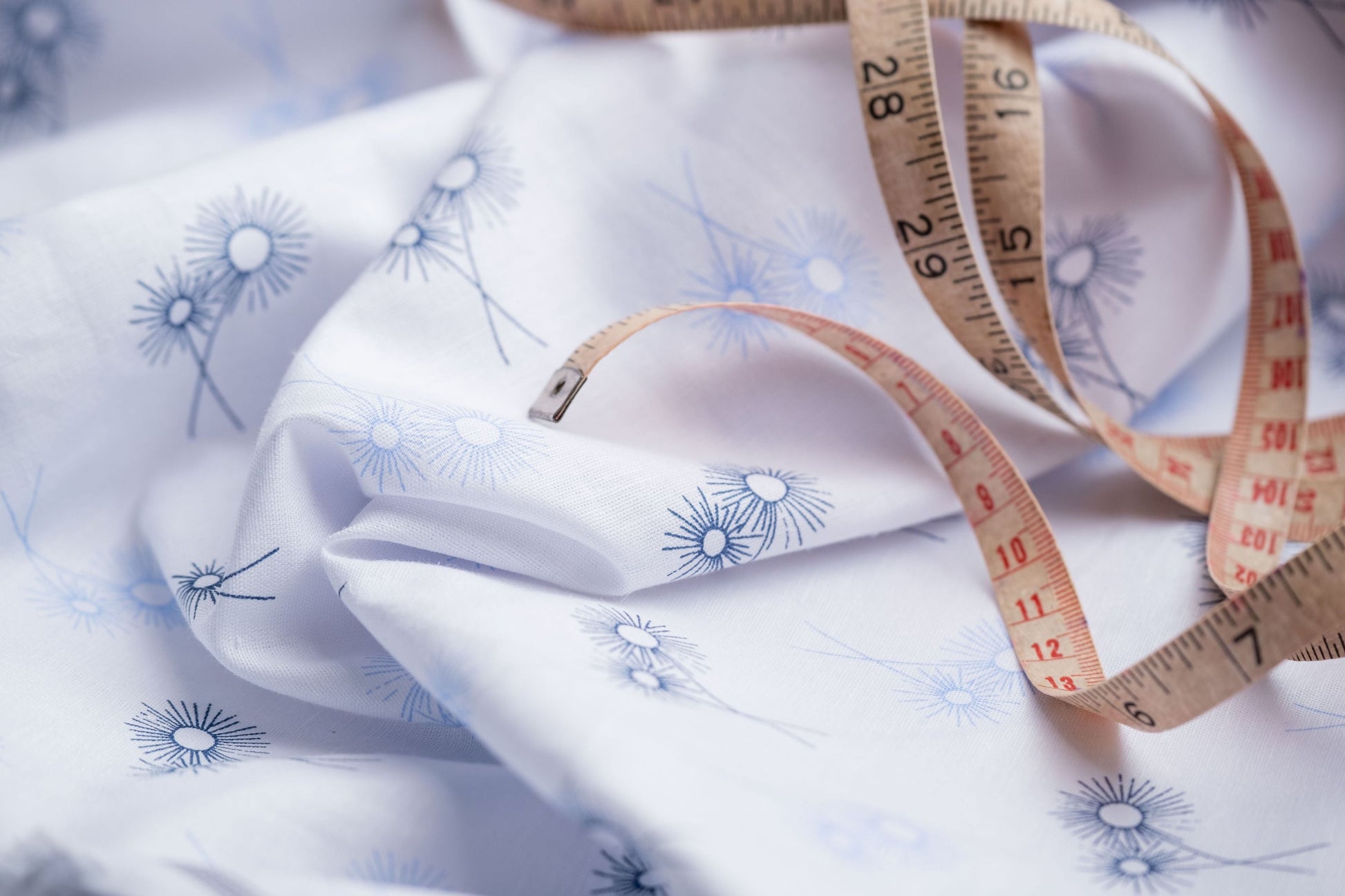 Dandelion Print Hemp Fabric | White & Blue | Organic | 145gsm | 147cm Wide-2