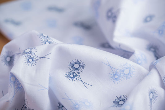Dandelion Print Hemp Fabric | White & Blue | Organic | 145gsm | 147cm Wide-0