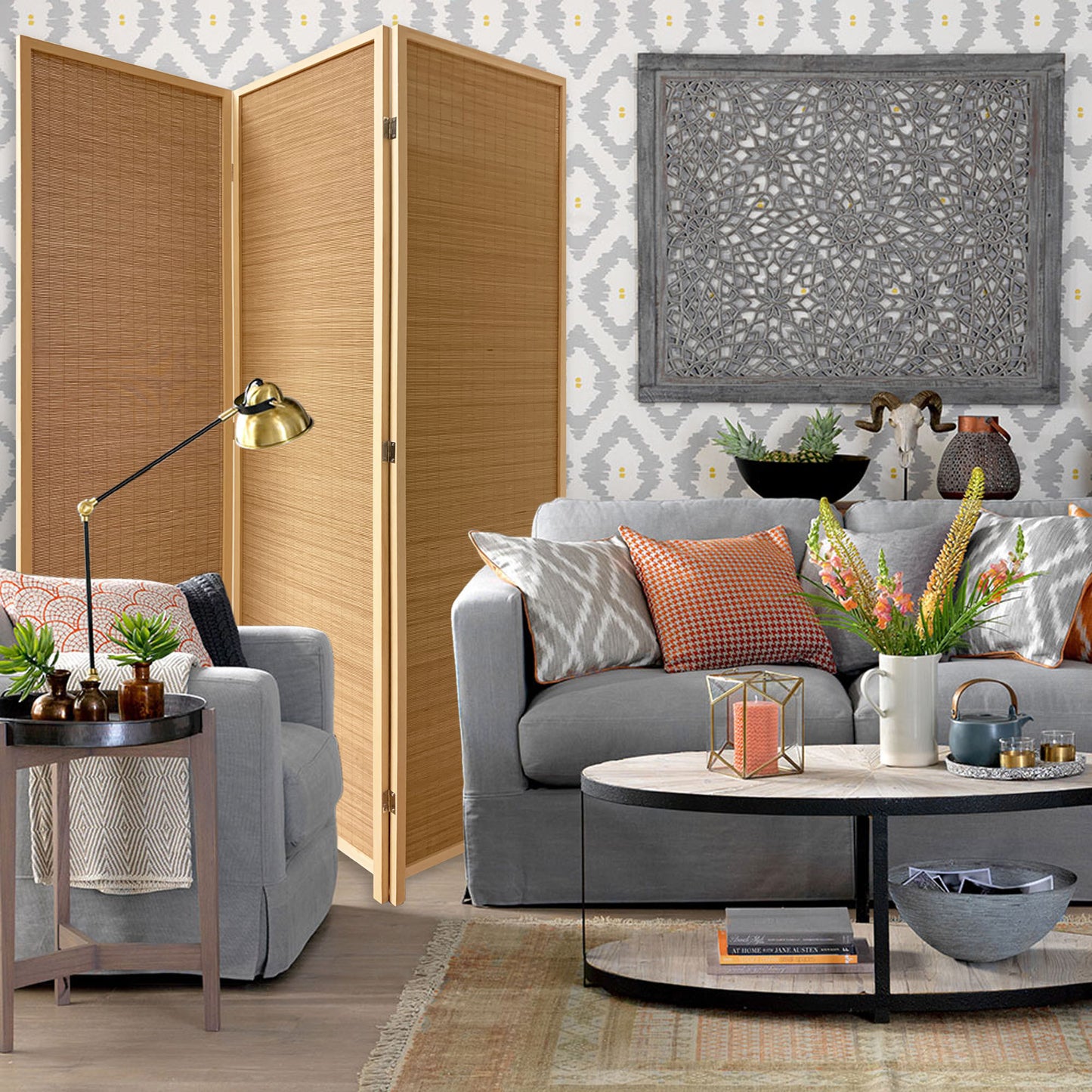 6" Light Bamboo 3 Panel Room Divider Screen-4