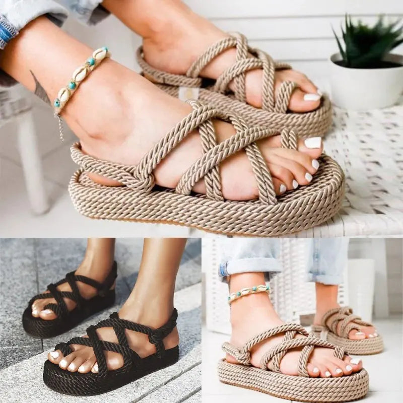 Women's Boho Flat Hemp Rope Platform Sandals