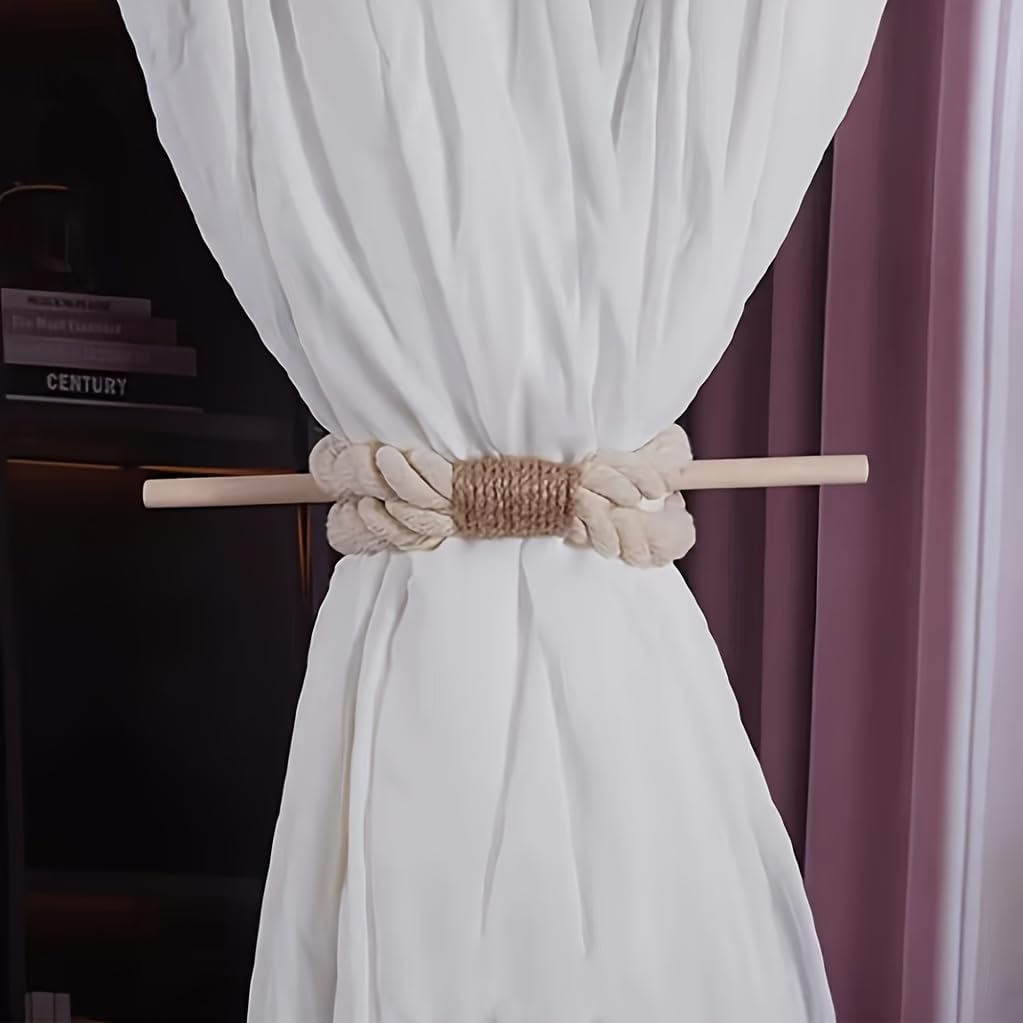 Boho Curtain Tie Backs | Natural Hemp Rope & Wood | Rustic Home Decor - Set of 2-2
