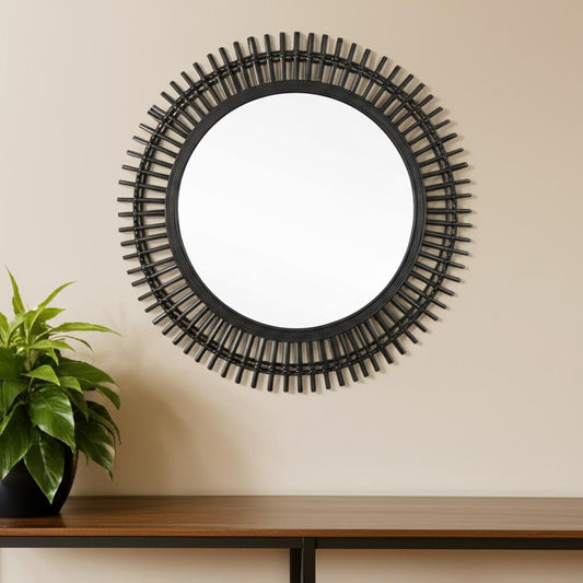 31" Black Bamboo Pierced Round Accent Mirror-0