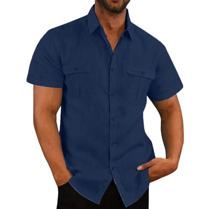 Men's Loose Fit Polo Collar Cotton Hemp Shirt