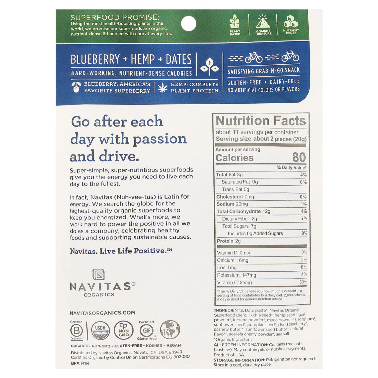 Navitas Naturals Blueberry Hemp Power Snack  (12x8 OZ)