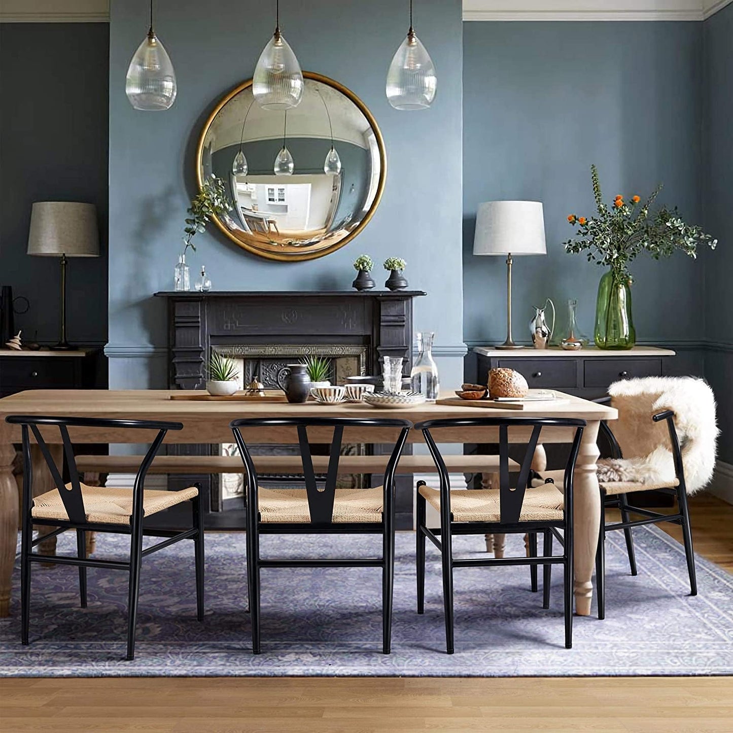Set of 4 Black Hemp Seat Mid-Century Metal Dining Chairs-4