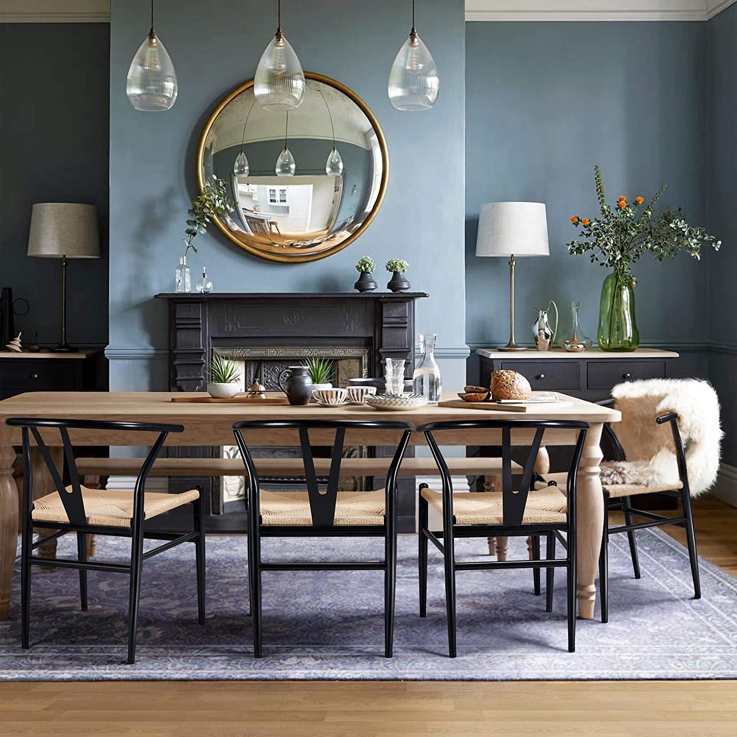 Set of 4 Black Hemp Seat Mid-Century Metal Dining Chairs-4