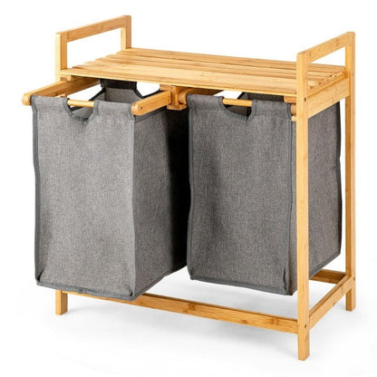 Natural Bamboo 2 Bin Sliding Laundry Hamper with Storage Shelf-1