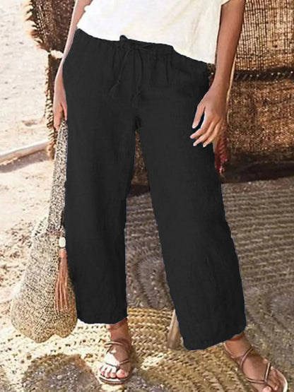 Solid Color Loose Wide Leg Cotton Hemp Trousers (One Piece)