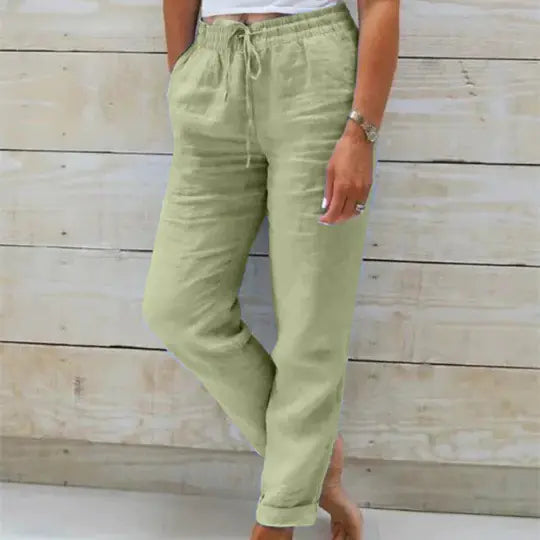 Solid Cotton Hemp Pants with Elastic Waist