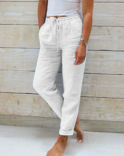 Solid Cotton Hemp Pants with Elastic Waist