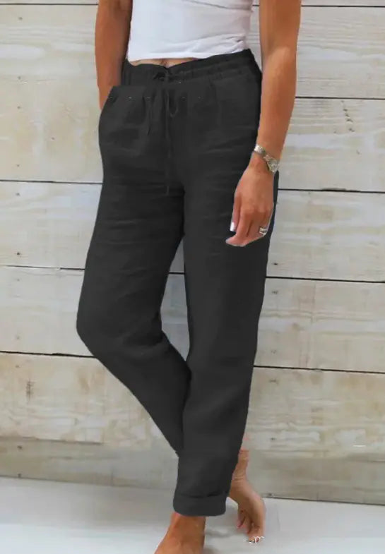 Solid Cotton Hemp Pants with Elastic Waist