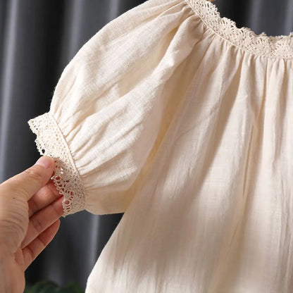 Korean Lace Top Cotton Hemp Short-Sleeved T-Shirt