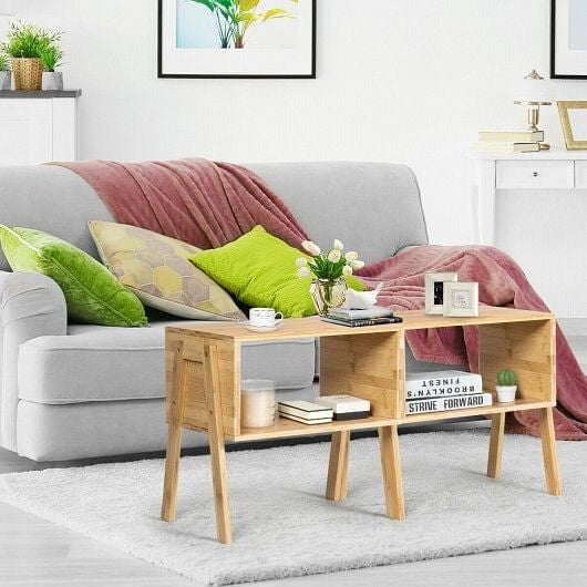 2 Pieces Bamboo Nightstand Sofa Table with Storage Shelf-2