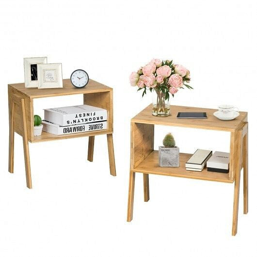 2 Pieces Bamboo Nightstand Sofa Table with Storage Shelf-3