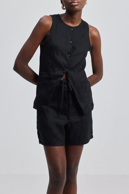Hemp Vest Jacket Set in Black-0