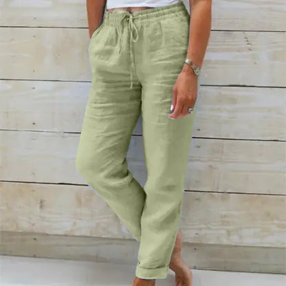 Solid Cotton Hemp Pants with Elastic Waist