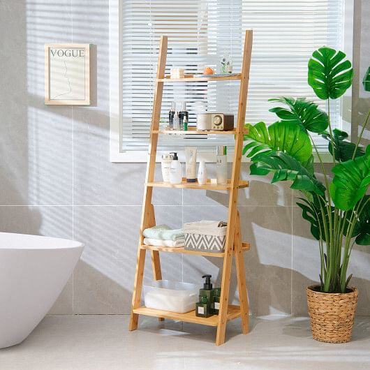 5-Tier Bamboo Ladder Shelf for Home Use-Brown-0