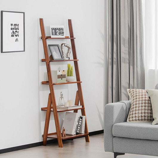5-Tier Bamboo Ladder Shelf for Home Use-Brown-5