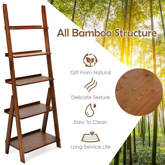 5-Tier Bamboo Ladder Shelf for Home Use-Brown-8