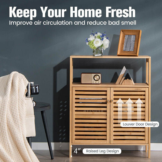 Bamboo Bathroom Floor Storage Cabinet with Shutter Doors-Natural-3