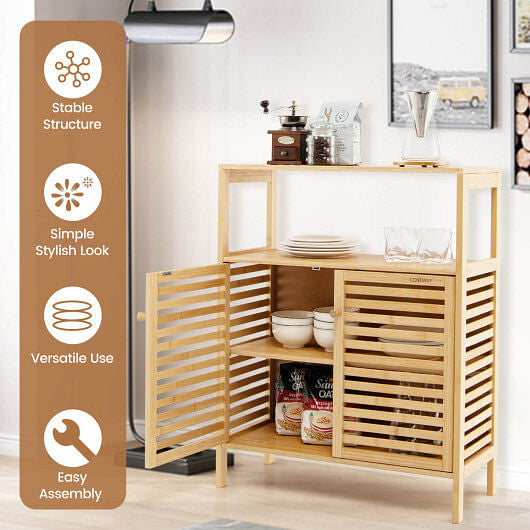 Bamboo Bathroom Floor Storage Cabinet with Shutter Doors-Natural-2